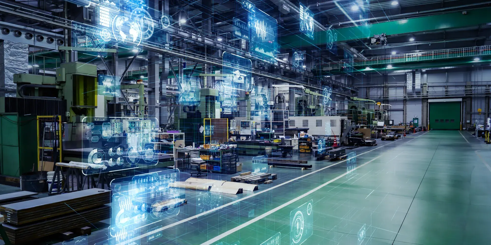 Machine shop floor with CNC equipment and digital production overlays