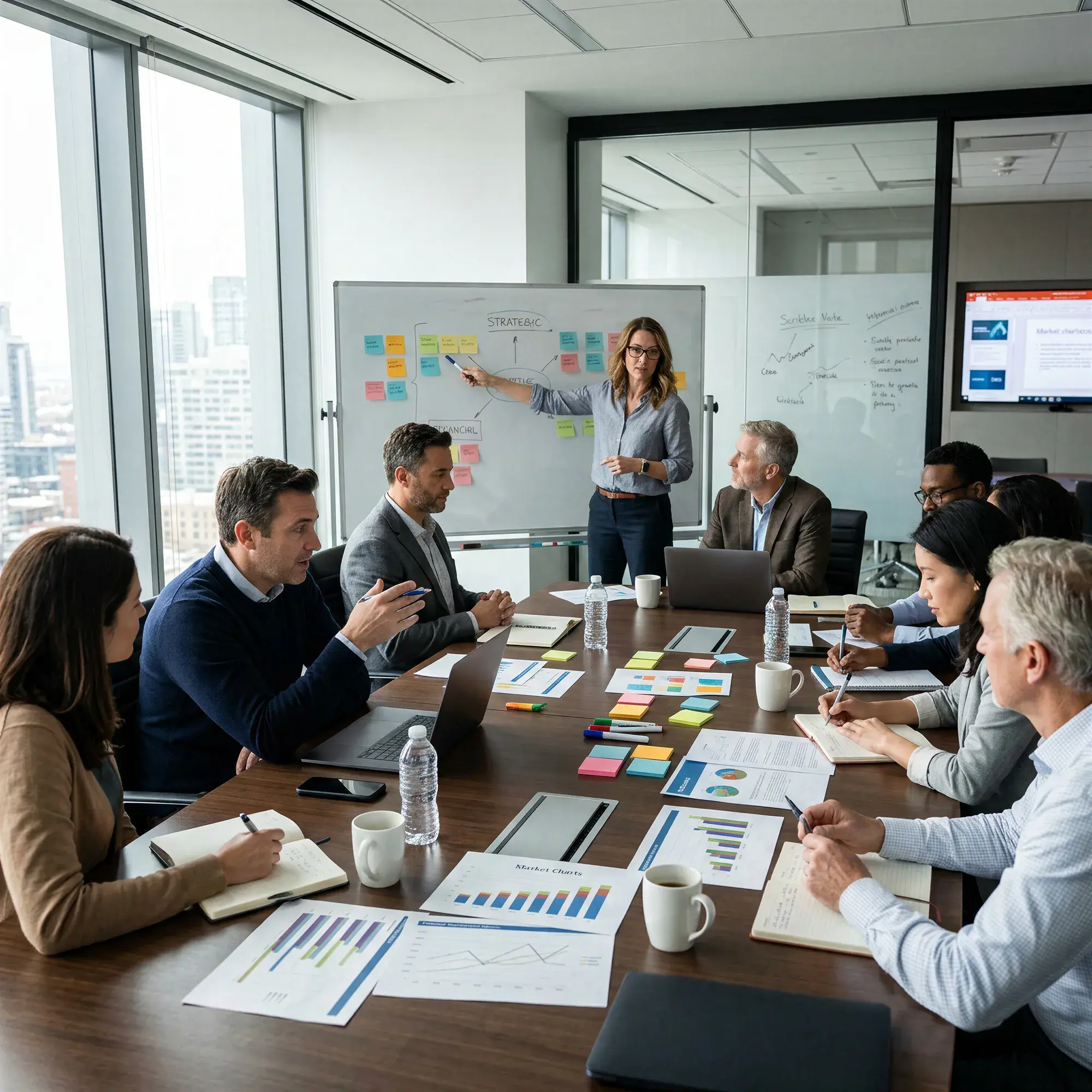 Consultant leading a strategy session with a management team around a boardroom table
